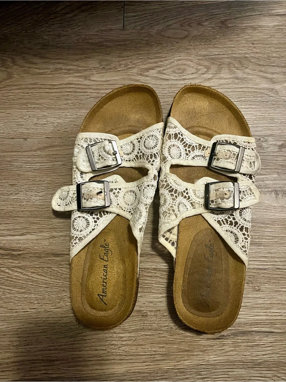 American Eagle Outfitters Cream Lace Crochet Double-Buckle Slide Sandals